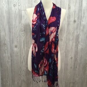 NWT Liz Claiborne Purple Floral Scarf Boho Fringed Wrap 70x20 Rayon Lightweight